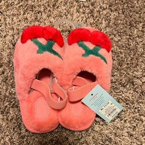 Pink Fuzzy Slippers with Red Cherry Design